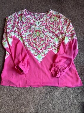 Pink Printed V-Neck Long-Sleeve Blouse with Paisley Yoke